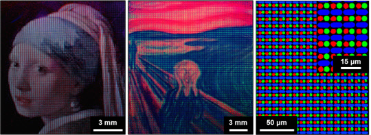 울산과학기술원은 페로브스카이트를 패터닝해 빨강, 녹색, 파랑 등의 삼원색을 구현하는 초고화질 페로브스카이트 발광소자를 개발했다.   UNIST 제공